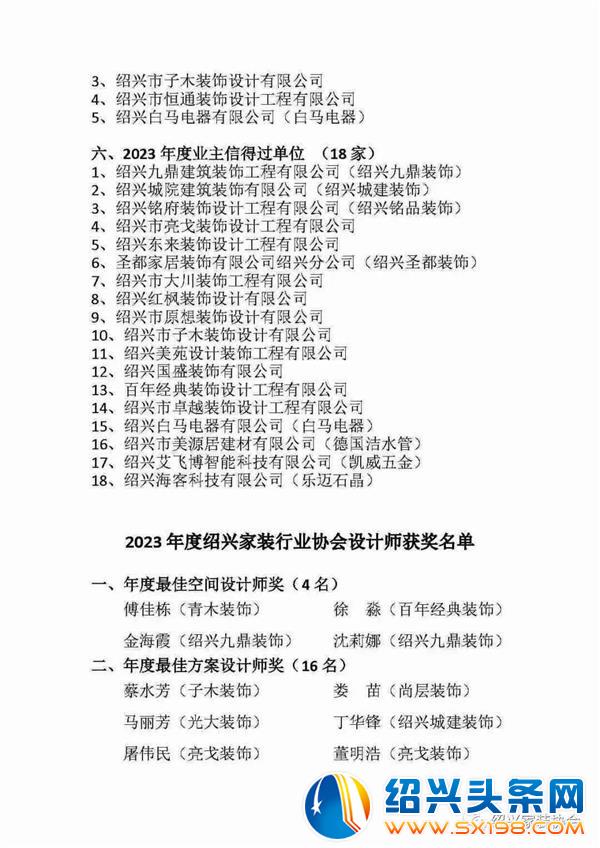 2023 年度绍兴家装行业协会表彰公司暨设计师获奖名单公布-2